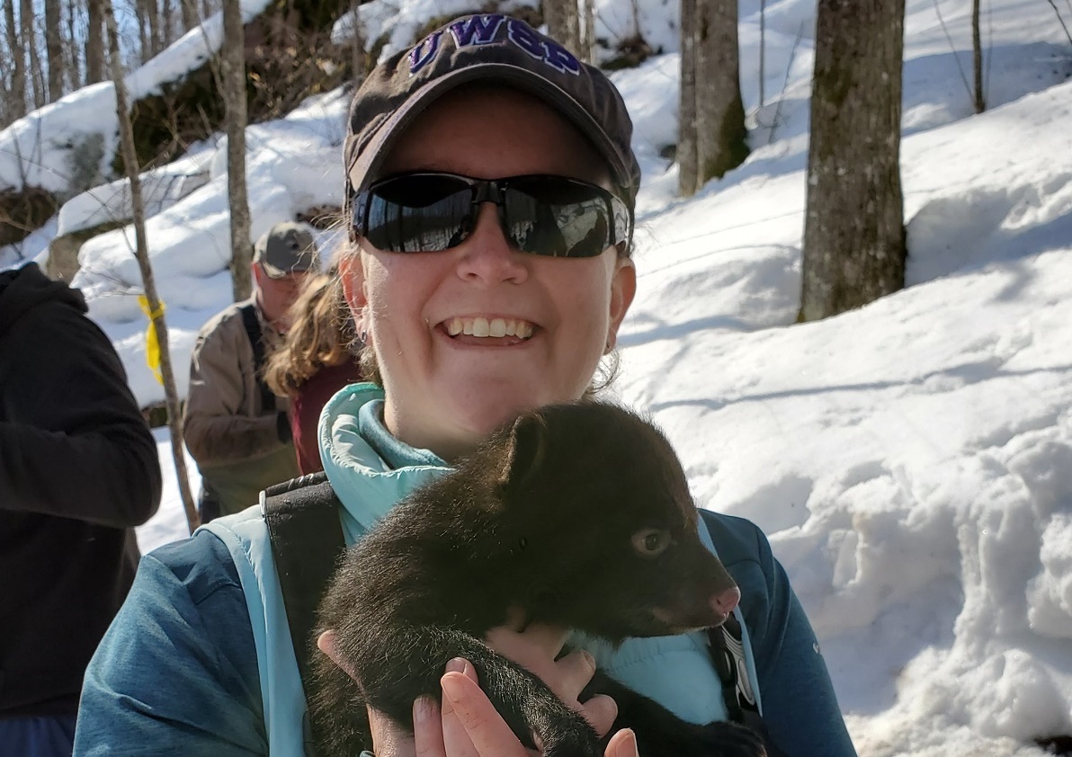 Associate Professor Cady Sartini holds a baby black bear during a weekend-long workshop where students have hands-on research experiences at a bear den.