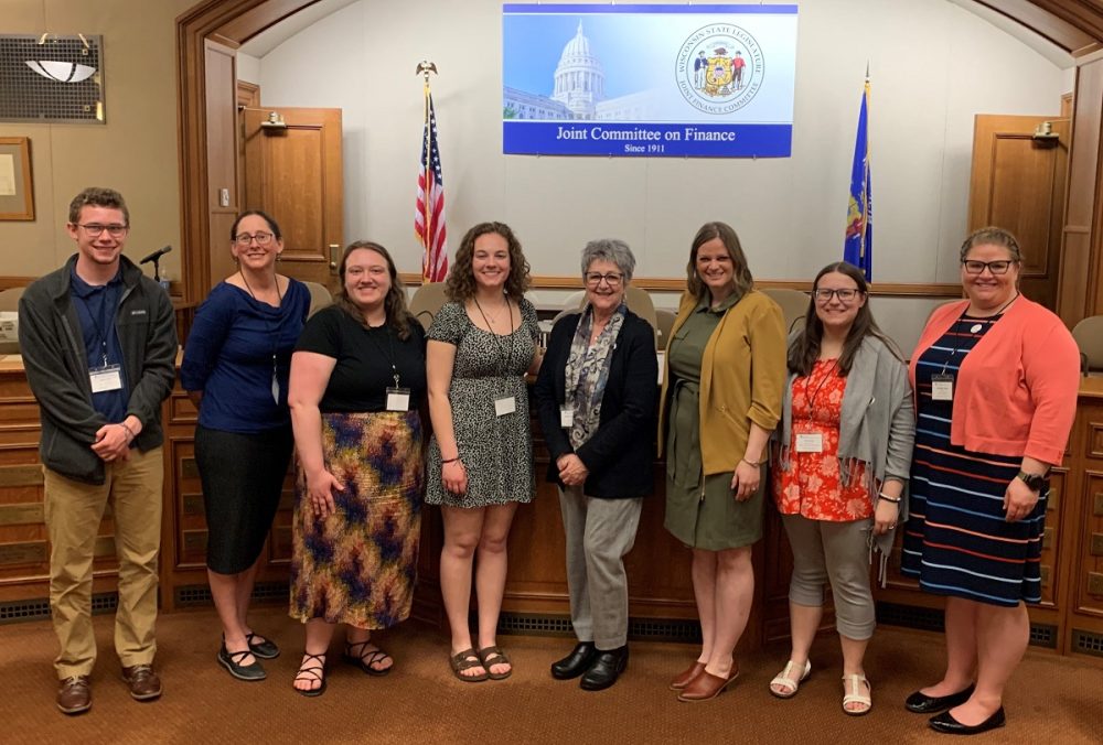 Stern-Jimenez (center) and fellow students attend National Association of Social Workers Advocacy Day at the Wisconsin capitol, meeting with Rep. Katrina Shankland.
