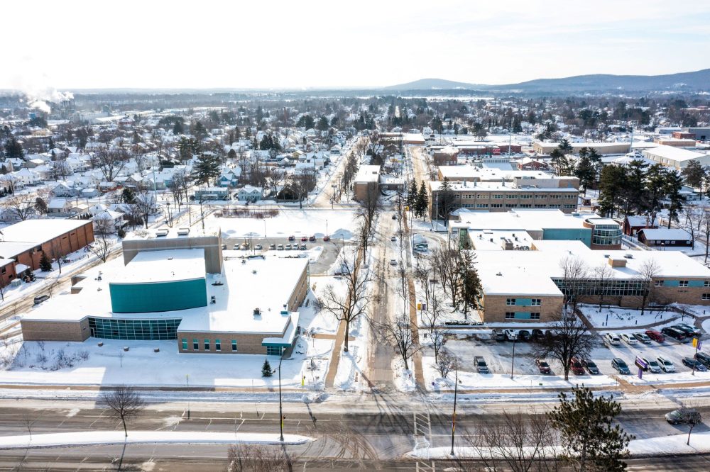 Aerial photo the UWSP at Wausau campus in the winter