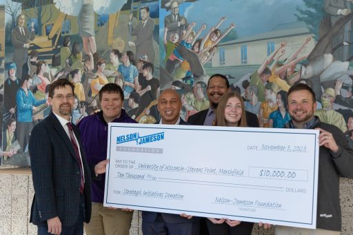 The gift presentation from the Nelson-Jameson Foundation to the UWSP Foundation included, from left, UW Marshfield Foundation Chair Dr. Matt Jansen, Campus Student Government Association Vice President of Internal Affairs Jacob Stalheim, Campus Executive Anthony Andrews, UWSP Vice Chancellor for University Advancement William Broussard, Campus Student Government Association Secretary Kaelyn Schriener and Nelson-Jameson Vice President of Corporate Responsibility and Development Mathew Bartkowiak.