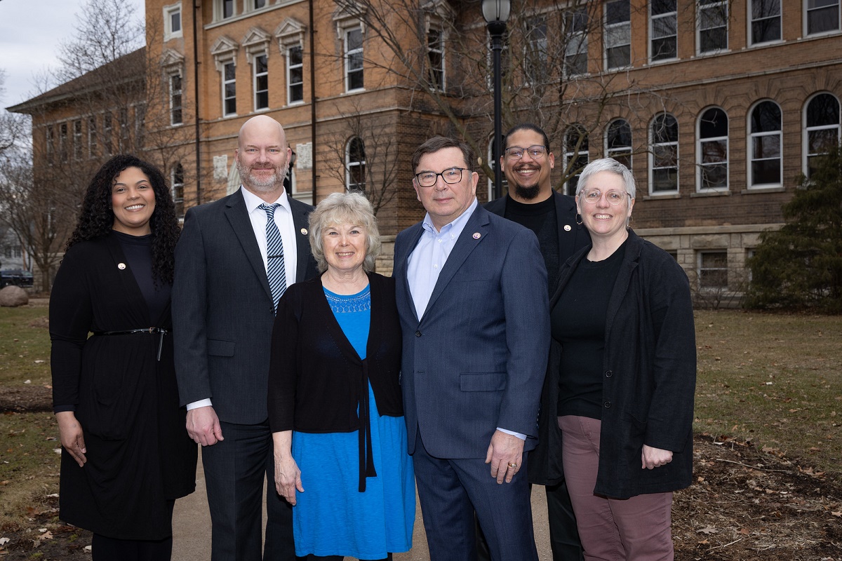 A donation from Don and Judi Olson will help renovate the museum at UW-Stevens Point. Pictured, from left, Amanda Gilman, University Advancement; Joshua Hagen, College of Letters and Science; Judi and Don Olson; Will Broussard, University Advancement; and Brigid Ferkett, Olson Museum of Natural History.