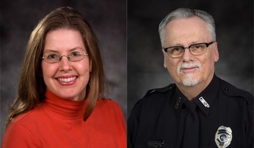 Professor Jennifer Collins, political science, and David Cummings, University Police, we among those honored at the 2024 University Awards.