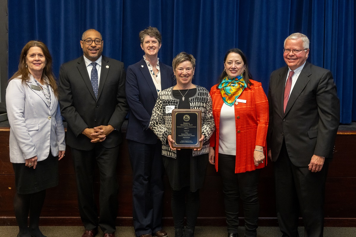 Professor Rebecca Stephens, chair of UW-Stevens Point’s English Department, won the 2024 University of Wisconsin Board of Regents’ Teaching Excellence Award. Pictured is UWSP Vice Chancellor of Academic Affairs and Provost La Vonne Cornell-Swanson, Chancellor Thomas Gibson, Regent Jill Underly, Stephens, Regent Karen Walsh and Universities of Wisconsin President Jay Rothman.