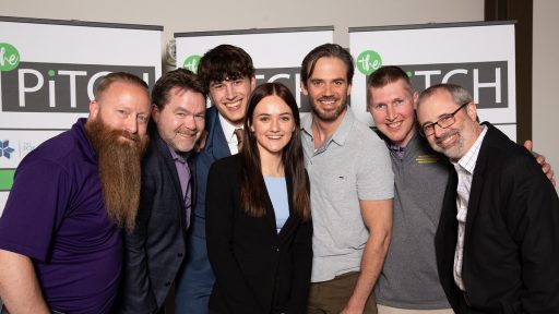 Pictured at The Pitch competition are Patrick Gatterman, SBDC director; Timothy McKeough, business consultant and coach; Alex Suscha, business administration student and fellow competitor; Densow; Jackson Burgau, SBDC business consultant; Reed Stratton, associate professor of business; and Kevin Neuman, head of Sentry School of Business and Economics.