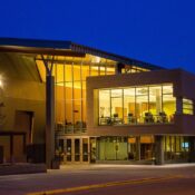 The Dreyfus University Center at night.