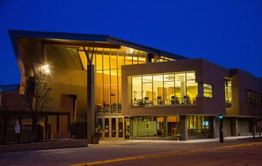 The Dreyfus University Center at night.