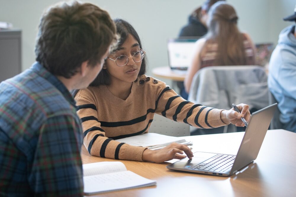 Two students sitting at a desk and looking at a computer