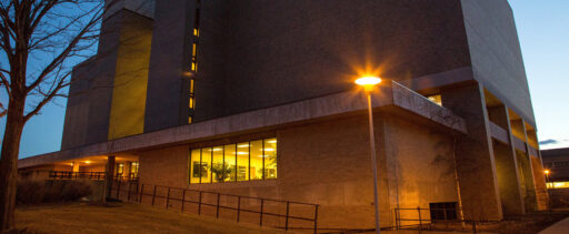 Outside Albertson Hall at night.